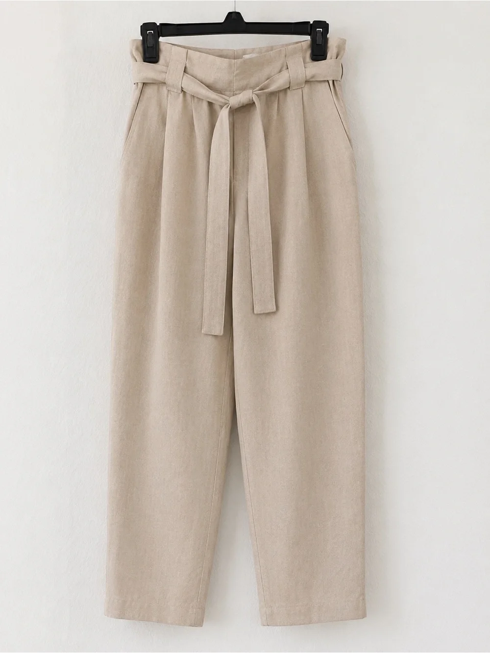 Reformation Linen Blend Paperbag Tie Waist Tapered Pants Tan Beige M